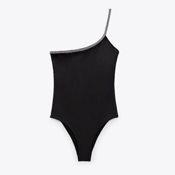 Zara Asymmetric Jeweled One Piece Black Swimsuit - Picture 4 of 11